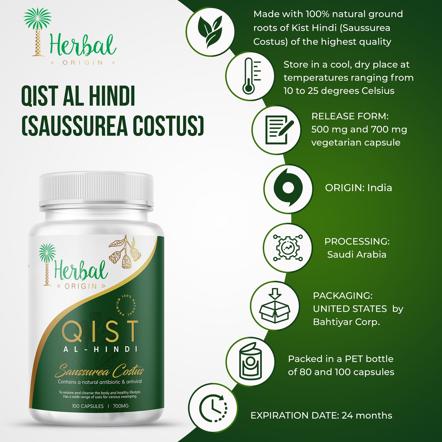 Qist Al-Hindi or Indian Costus root (Saussurea Costus) | Premium Costus Root Supplement | In Vegan Capsule